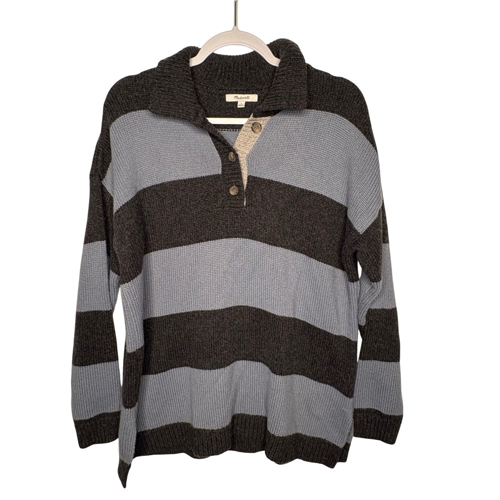 Madewell Rugby Stripe Polo Wool Alpaca Rugby Sweater Charcoal Blue Dark Academia